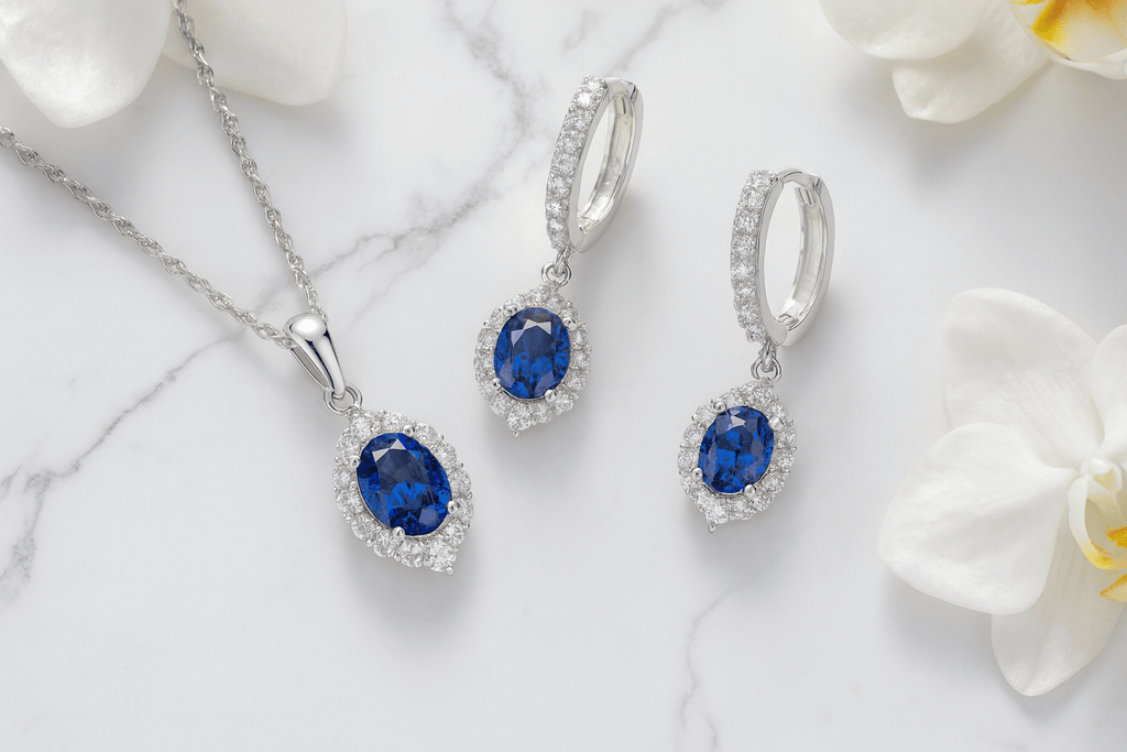 Sapphire Blue Elegance Jewelry Set - 925 Sterling Silver Hoop Earrings & Pendant Necklace | Women's | Amtikiss Casuals