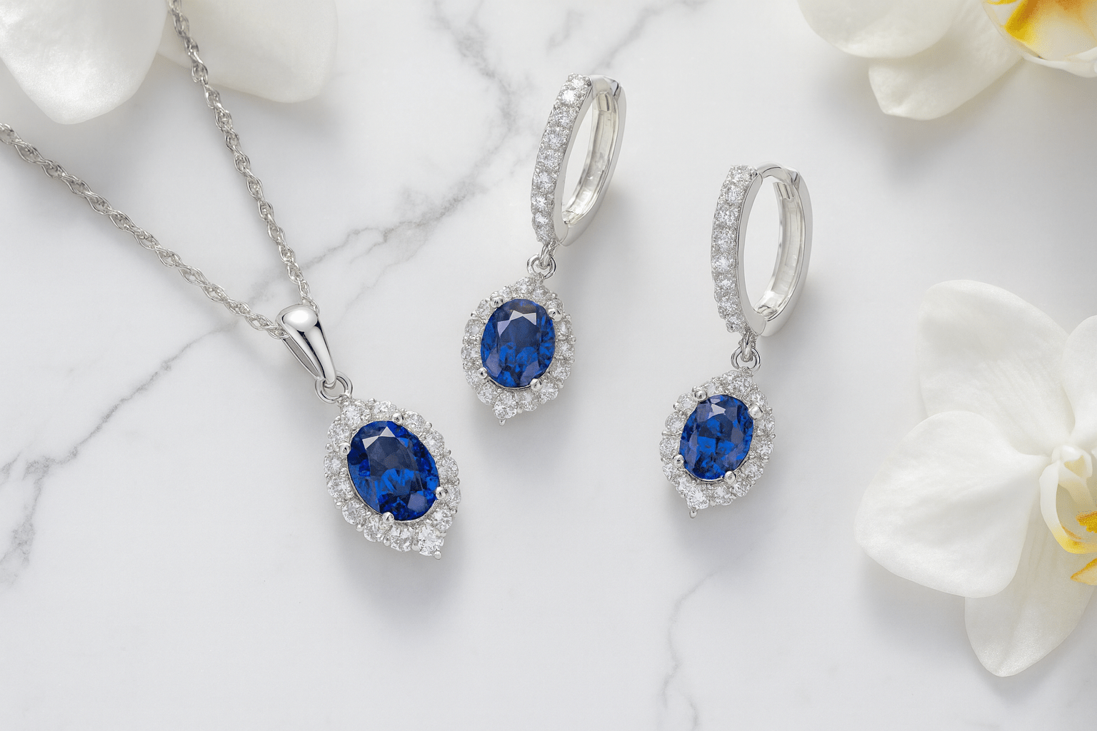 Sapphire Blue Elegance Jewelry Set - 925 Sterling Silver Hoop Earrings & Pendant Necklace | Women's | Amtikiss Casuals