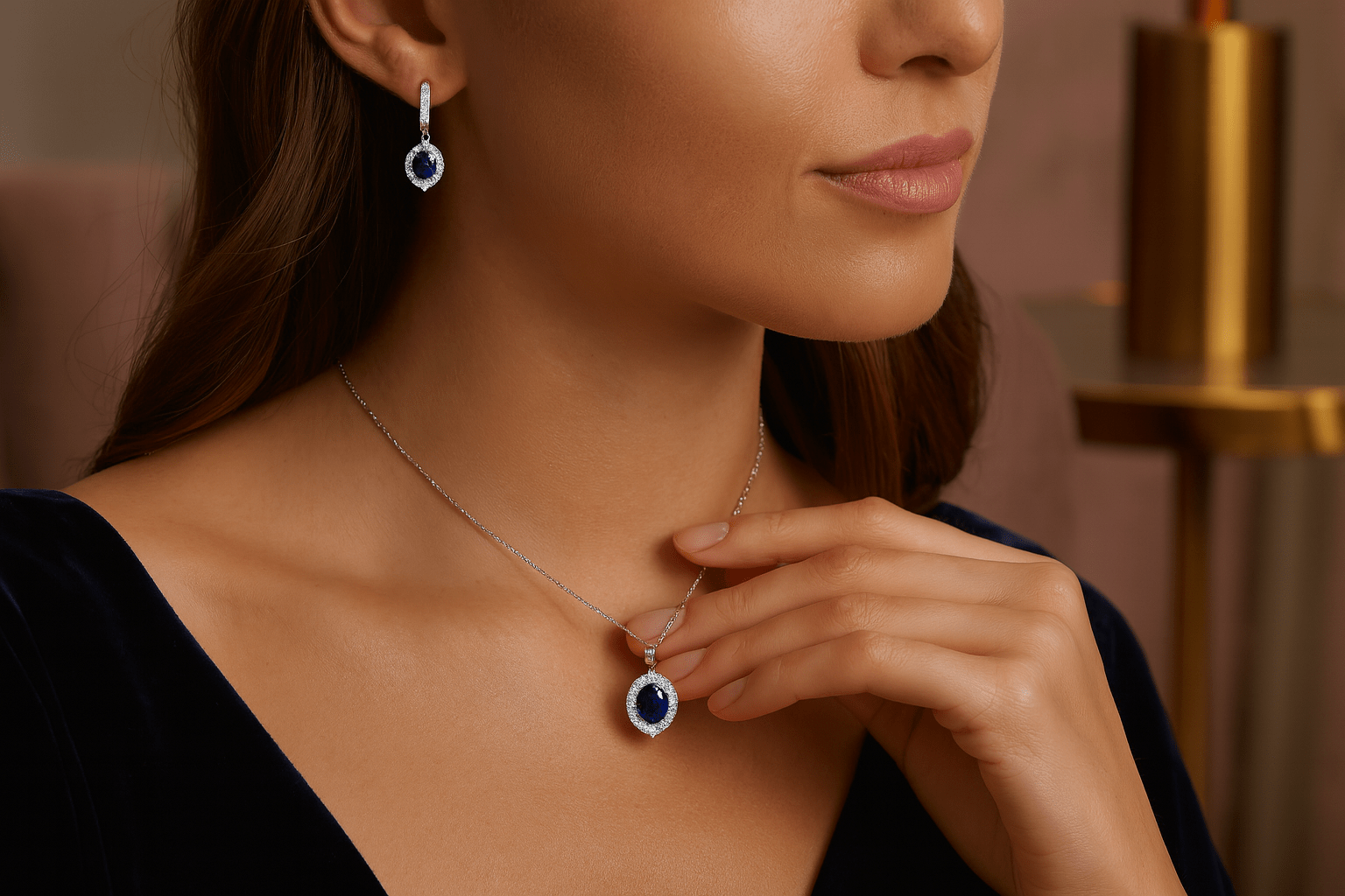 Sapphire Blue Elegance Jewelry Set - 925 Sterling Silver Hoop Earrings & Pendant Necklace | Women's | Amtikiss Casuals