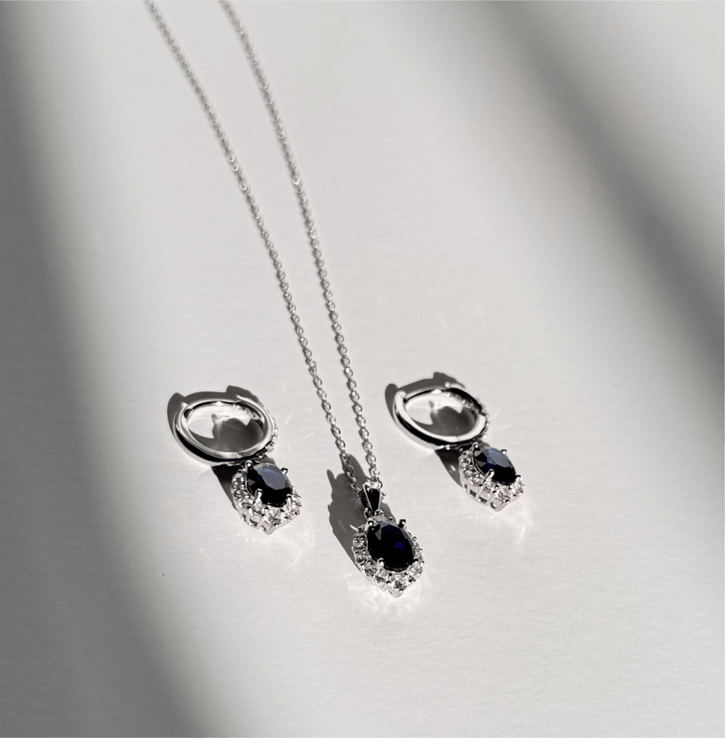 Sapphire Blue Elegance Jewelry Set - 925 Sterling Silver Hoop Earrings & Pendant Necklace | Women's | Amtikiss Casuals