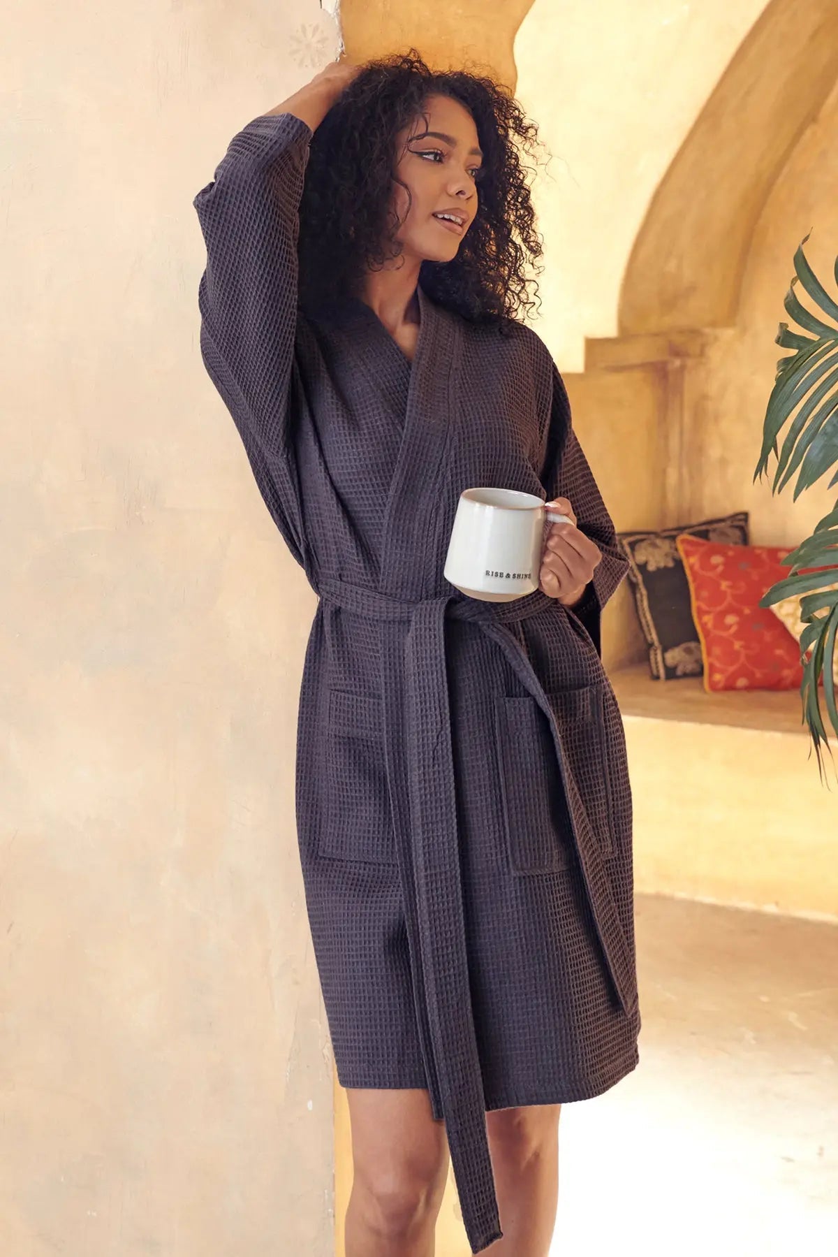 Knee-Length Waffle Robe for Women with Available Personalized Embroidery