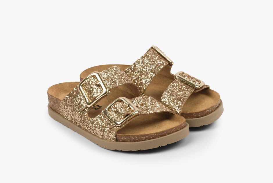 Siena II Women's Leather Sandal - Glitter Double Buckle Slip-on with Cushioned Footbed