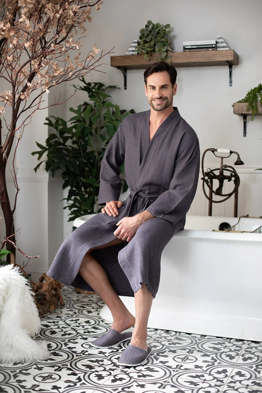 Waffle Spa Bathrobe for Men - Absorbent, Lightweight, with personalization available as an add-on.