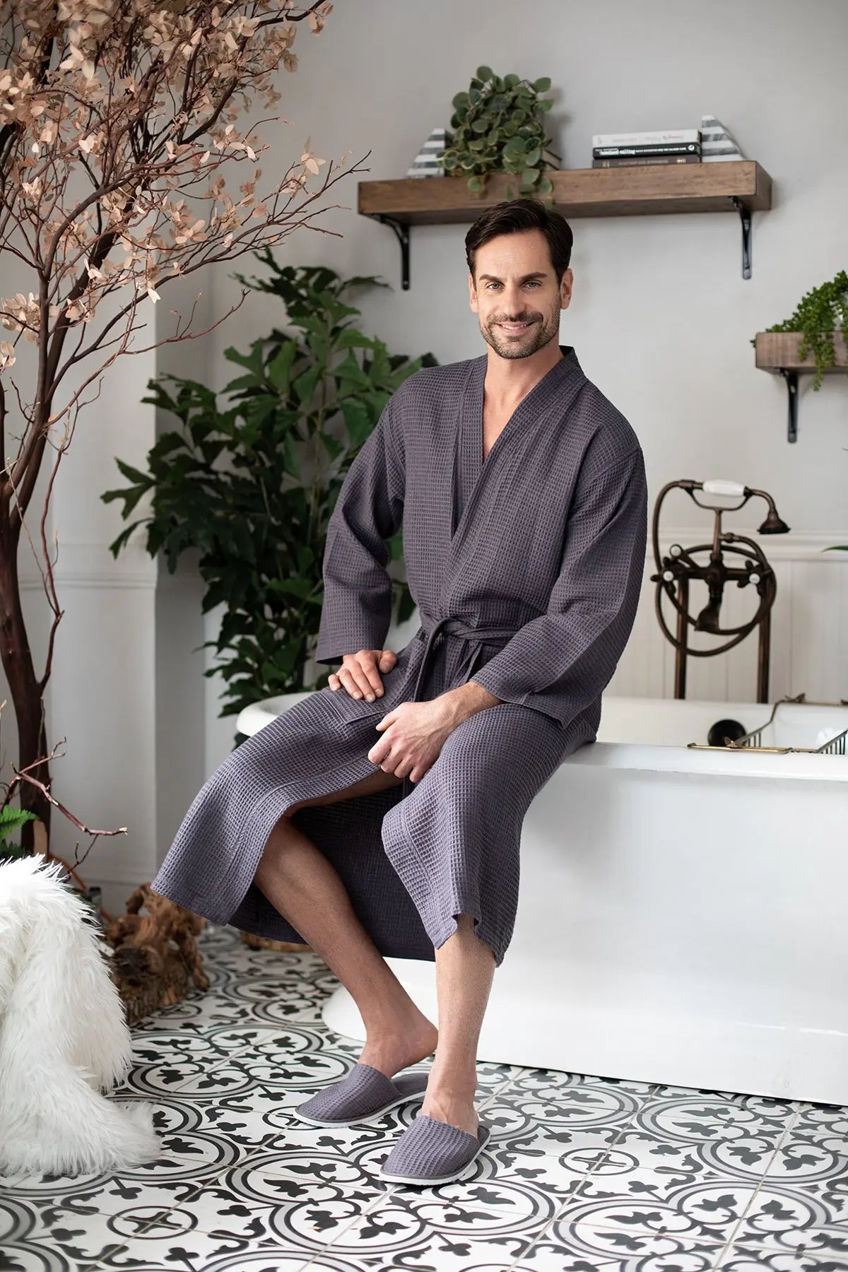 Waffle Spa Bathrobe for Men - Absorbent, Lightweight, with personalization available as an add-on.