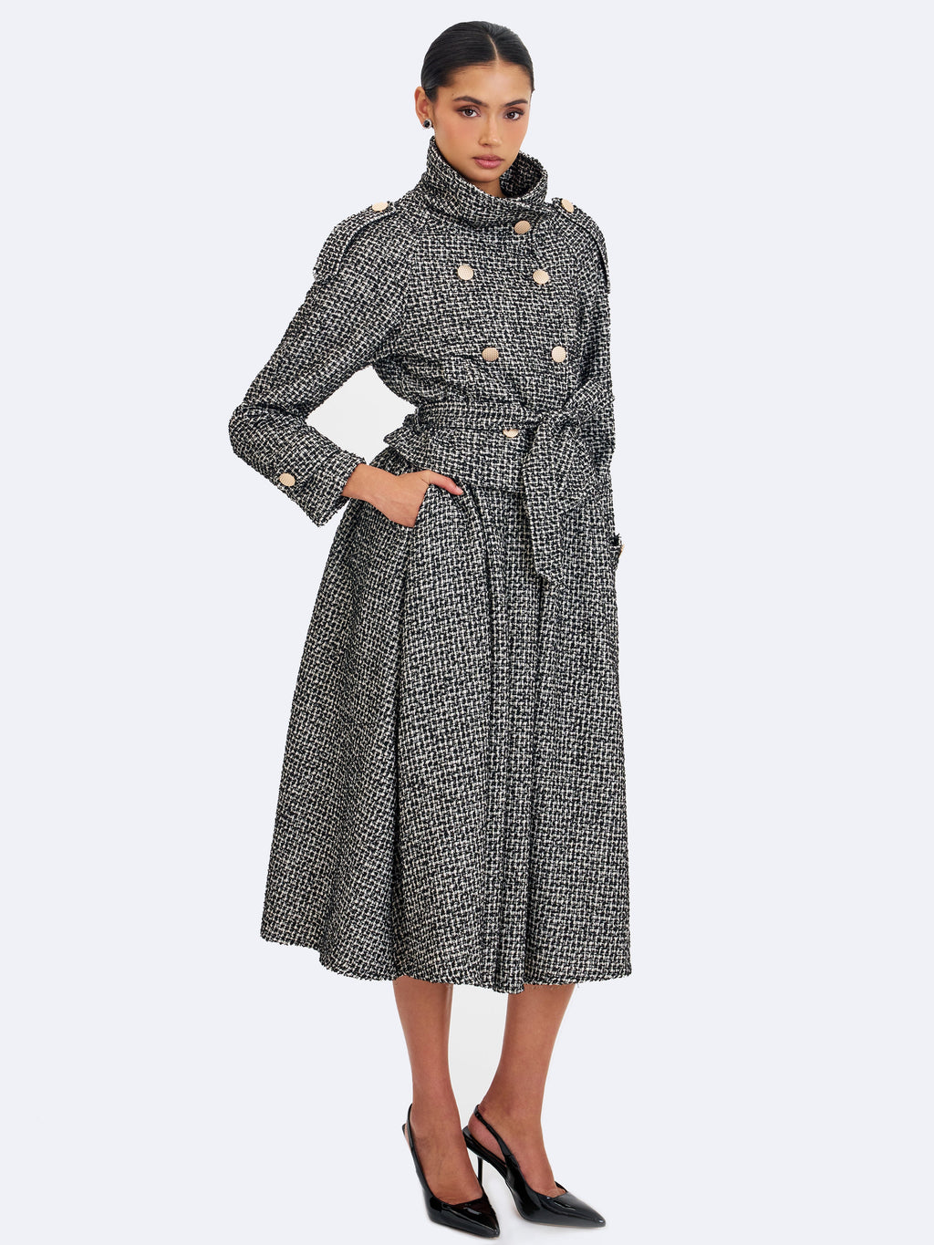 Sadie Black & White Tweed High Collar Belted Mini Jacket