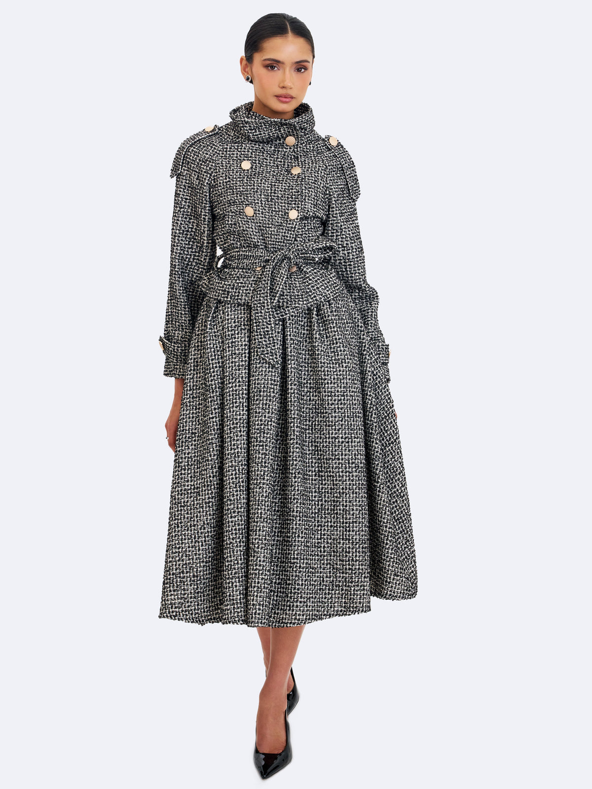 Sadie Black & White Tweed High Collar Belted Mini Jacket